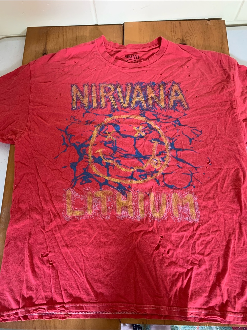 NIRVANA Red Short Sleeve 'Lithium' Graphic Tee with Yellow & Blue Print